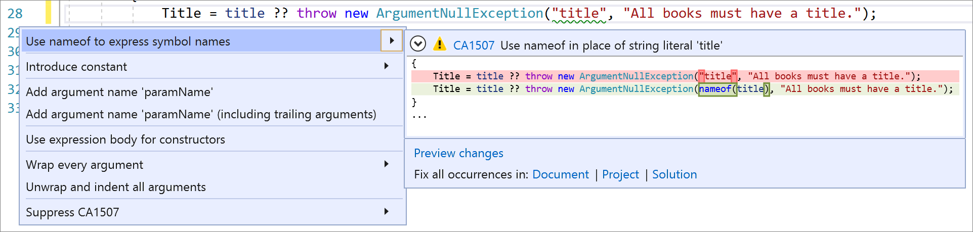 Code fix for CA1507 - use nameof to express symbol names