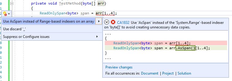 Code fix for CA1832 - Use AsSpan or AsMemory instead of Range-based indexers for getting ReadOnlySpan or ReadOnlyMemory portion of an array