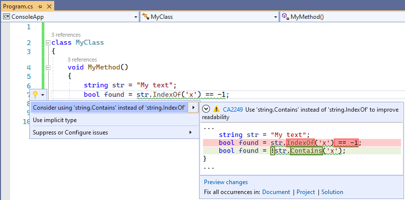 Code fix for CA2249 - Consider using 'string.Contains' instead of 'string.IndexOf'