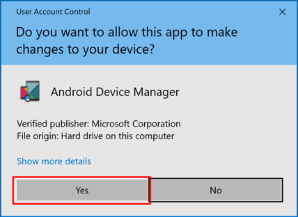 Android Device Manager user account control dialog.
