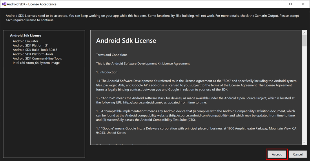Android SDK License Acceptance window.