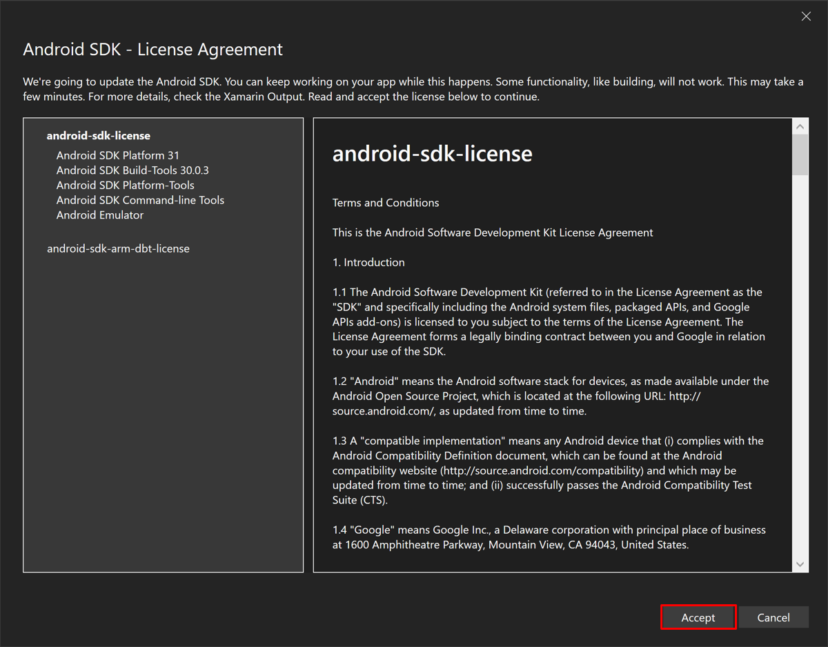 First Android SDK License Agreement window.