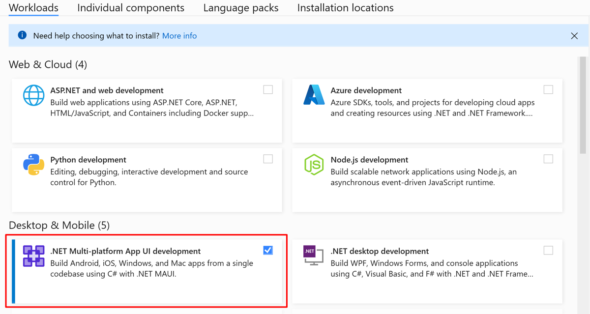 Visual Studio workloads for .NET MAUI.