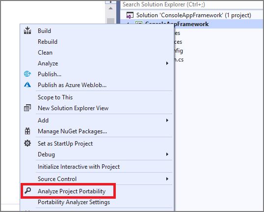 Screenshot of Portability Analyzer from Solution Explorer.