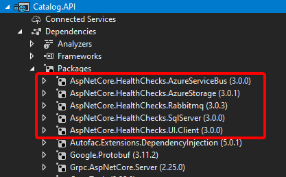 Screenshot of the AspNetCore.Diagnostics.HealthChecks NuGet packages.