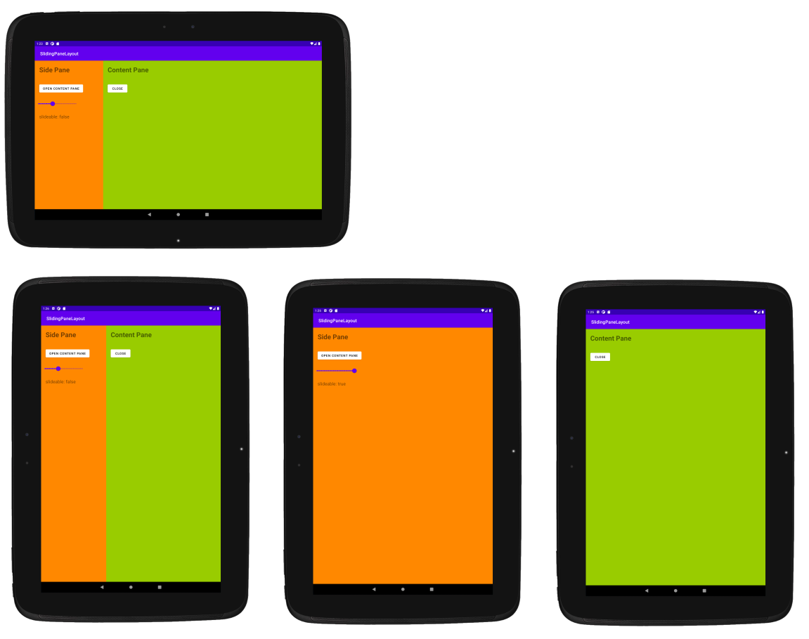Four Android tablets showing the SlidingPaneLayout sample in different states: split screen landscape, split screen portrait, full screen left pane, and full screen right pane