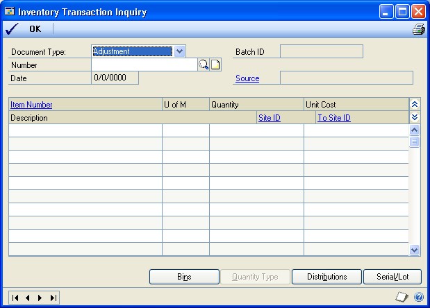 Screenshot of the Inventory Transaction Inquiry window.