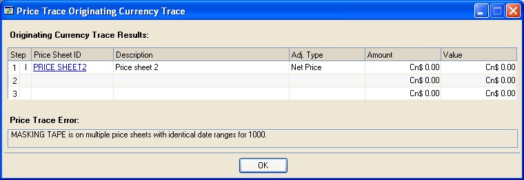 Screenshot of the Price Trace Originating Currency Trace window.