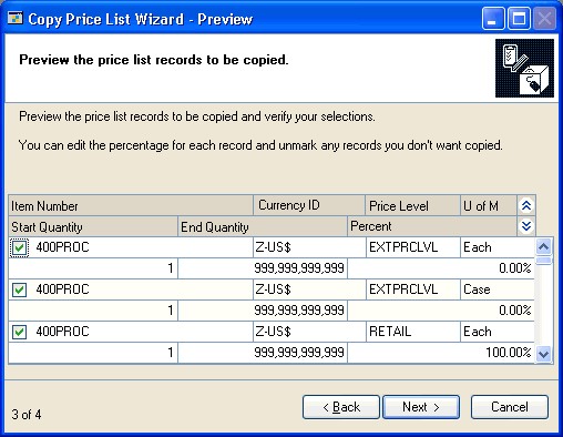 Screenshot of the the Copy Price List Wizard - Preview window.
