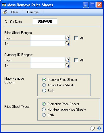 Screenshot of Mass Remove Price Sheets window.