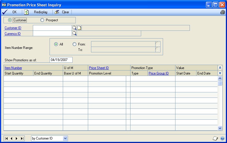 Screenshot of the Promotion Price Sheet Inquiry window.
