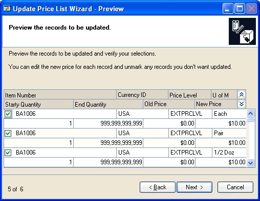 Screenshot of the Update Price List Wizard - Preview window.