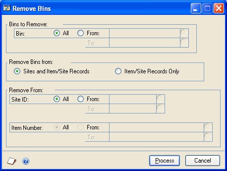 Screenshot of the Remove Bins window.