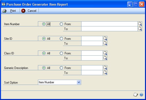 Screenshot of the Purchase Order Generator Item Report window.