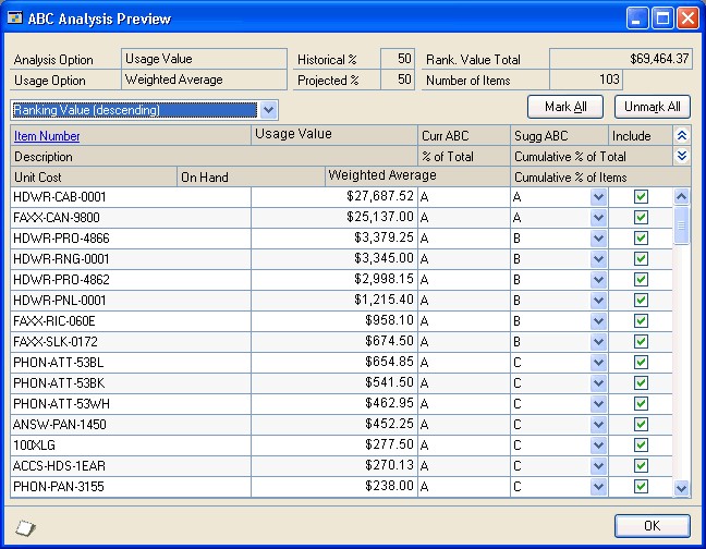 Screenshot of the ABC Analysis Preview window.