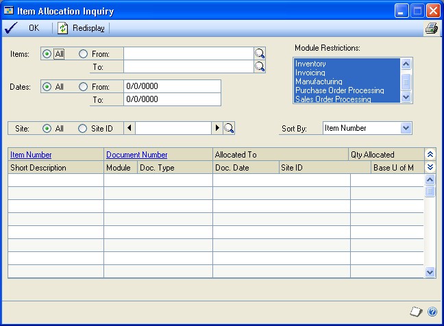 Screenshot of the Item Allocation Inquiry window.