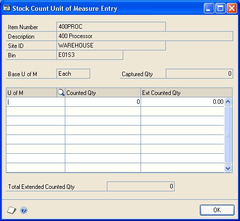 Screenshot that shows the Stock Count Unit of Measure Entry window.