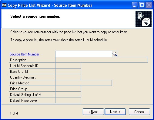 Screenshot of the Copy Price List Wizard - Source Item Number window.