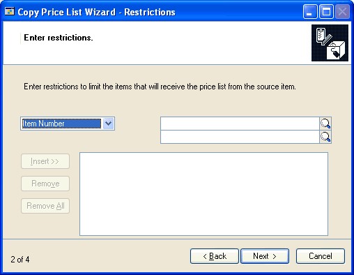 Screenshot of the Copy Price List Wizard - Restrictions window.