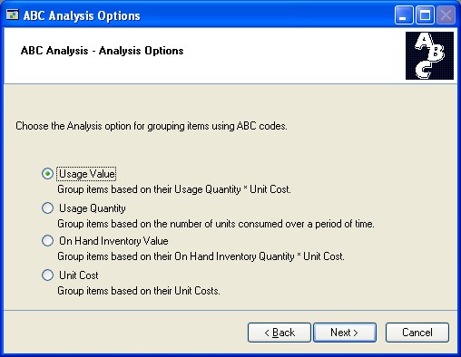 Screenshot of the ABC Analysis Options window.