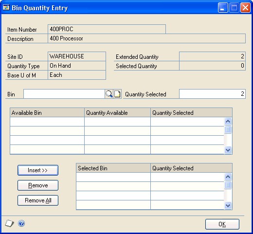 Screenshot that shows the Bin Quantity Entry window.