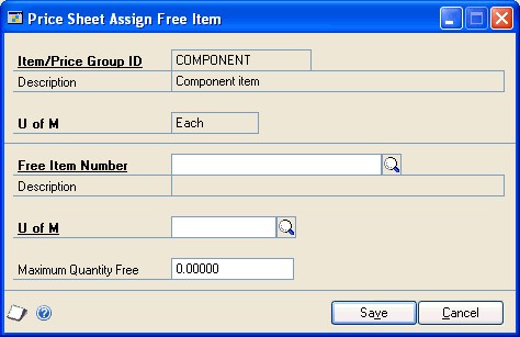 Screenshot that shows the Price Sheet Assign Free Item window.