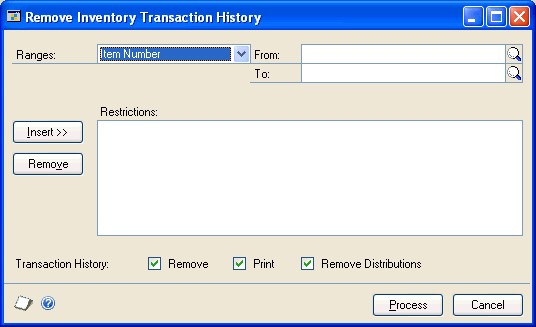 Screenshot of the Remove Inventory Transaction History window.
