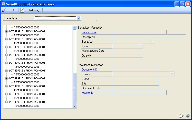 Screenshot of the Serial/Lot Bill of Materials Trace window.