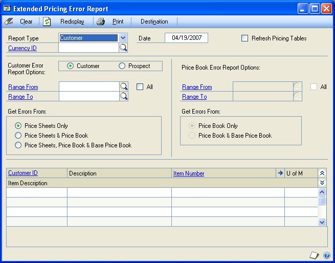 Screenshot of the Extended Pricing Error Report window.