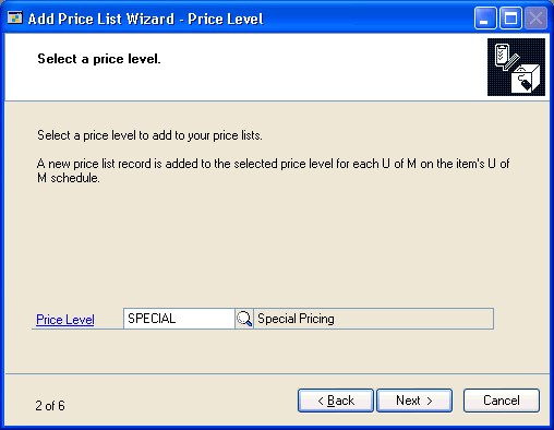 Screenshot of the Add Price List Wizard - Price Level window.