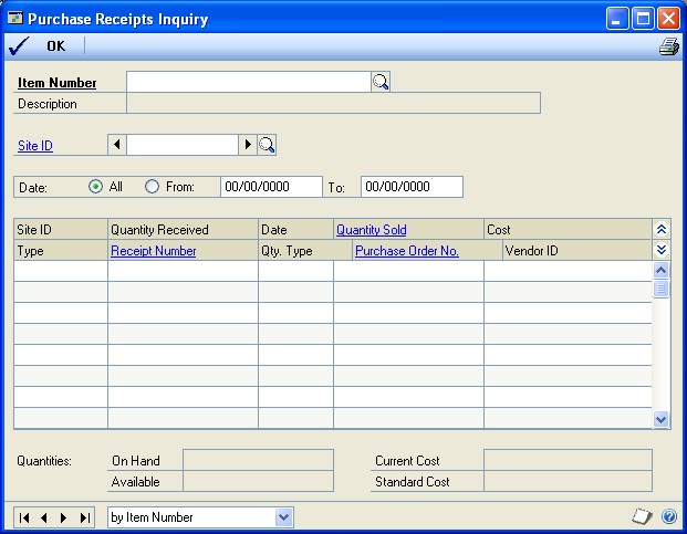Screenshot of the Purchase Receipts Inquiry window.