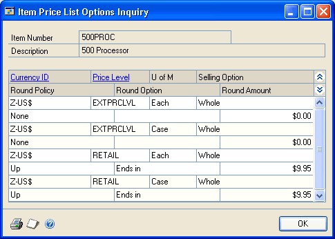 Screenshot of the Item Price List Options Inquiry window.