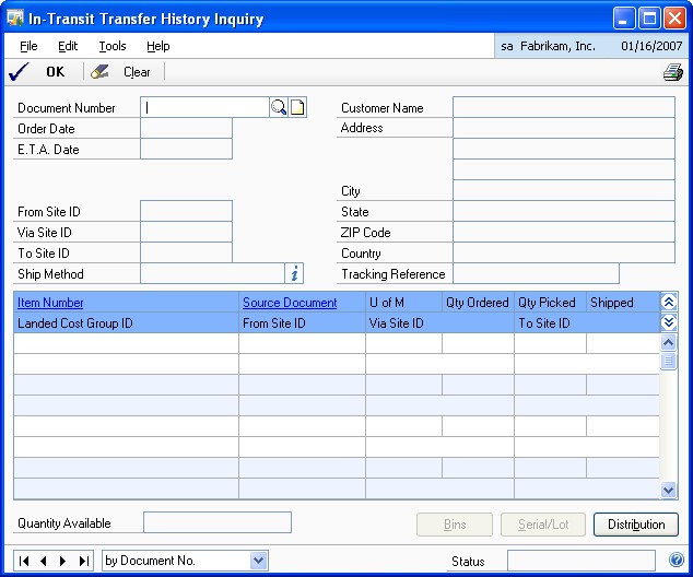 Screenshot of the In-Transit Transfer History Inquiry window.