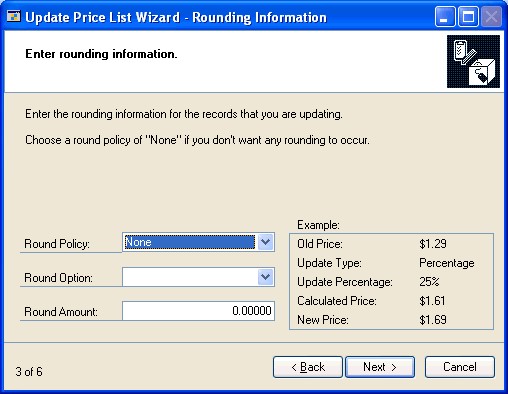 Screenshot of the Update Price List Wizard - Rounding Information window.