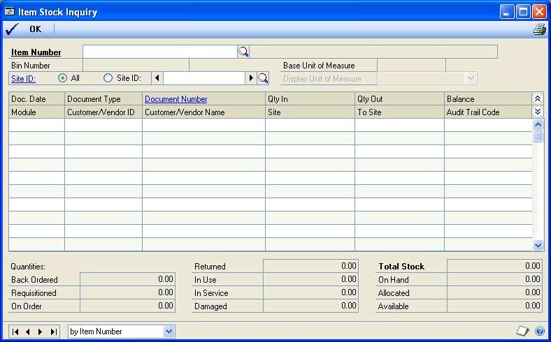 Screenshot of the Item Stock Inquiry window.