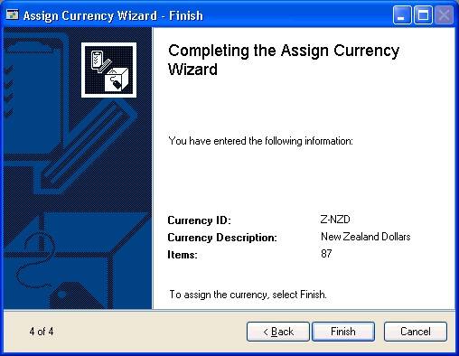 Screenshot of the Assign Currency Wizard - Finish window.