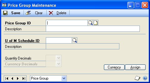 Screenshot that shows Price Group Maintenance window.