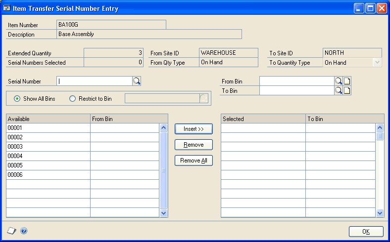 Screenshot that shows the Item Transfer Serial Number Entry window.