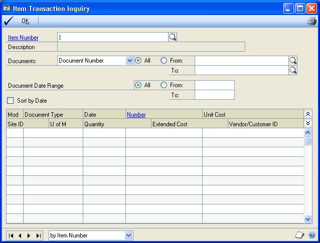 Screenshot of the Item Transaction Inquiry window.