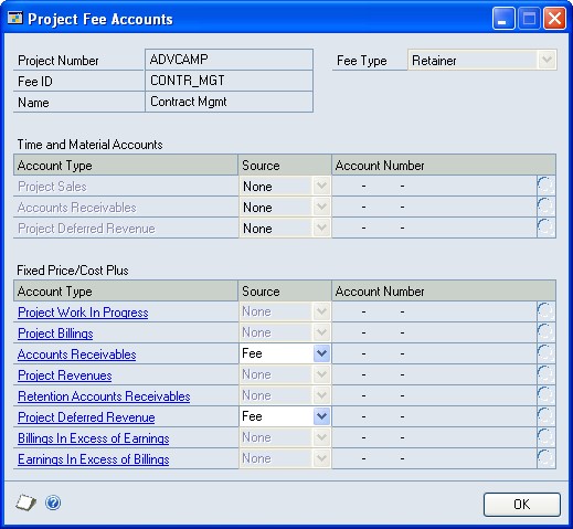 Screenshot of the Project Fee Accounts window.