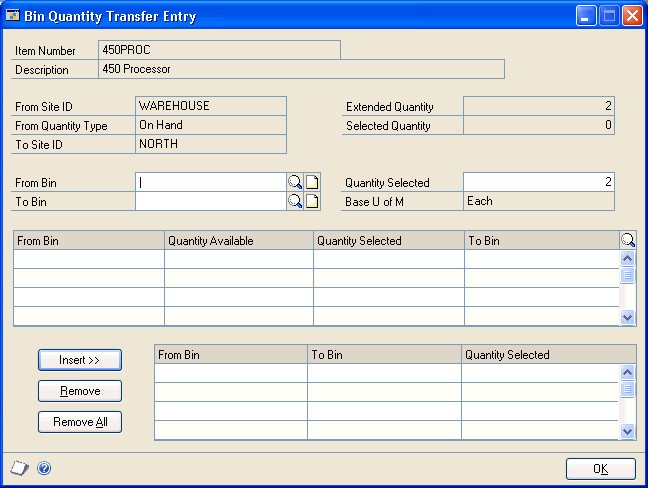 Screenshot that shows the Bin Quantity Transfer Entry window.