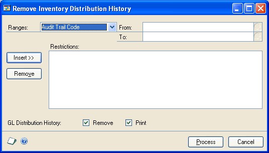 Screenshot of the Remove Inventory Distribution History window.