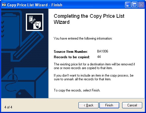 Screenshot of the Copy Price List Wizard - Finish window.