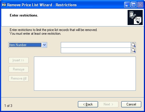 Screenshot of the Remove Price List Wizard - Restrictions window.