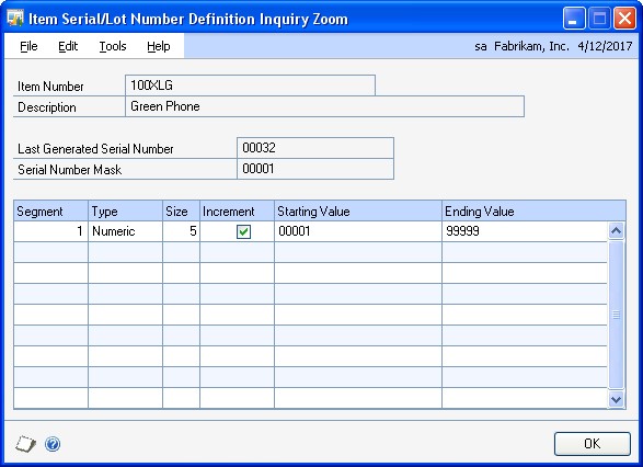Screenshot of the Item Serial/Lot Number Definition Inquiry Zoom window.