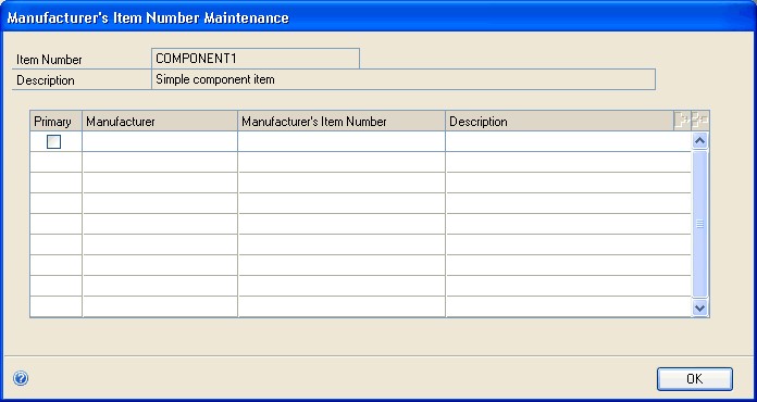 Screenshot that shows the Manufacturer's Item Number Maintenance window.
