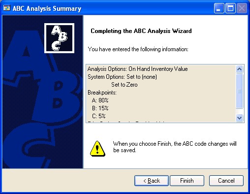 Screenshot of the ABC Analysis Summary window.