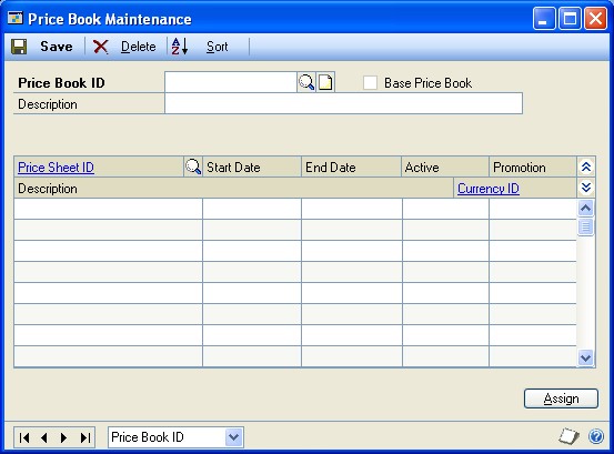 Screenshot that shows the Price Book Maintenance window.