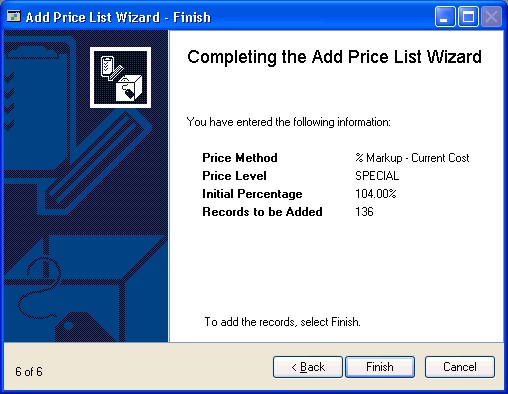 Screenshot of the Add Price List Wizard - Finish window.