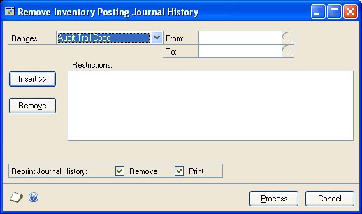 Screenshot of the Remove Inventory Posting Journal History window.